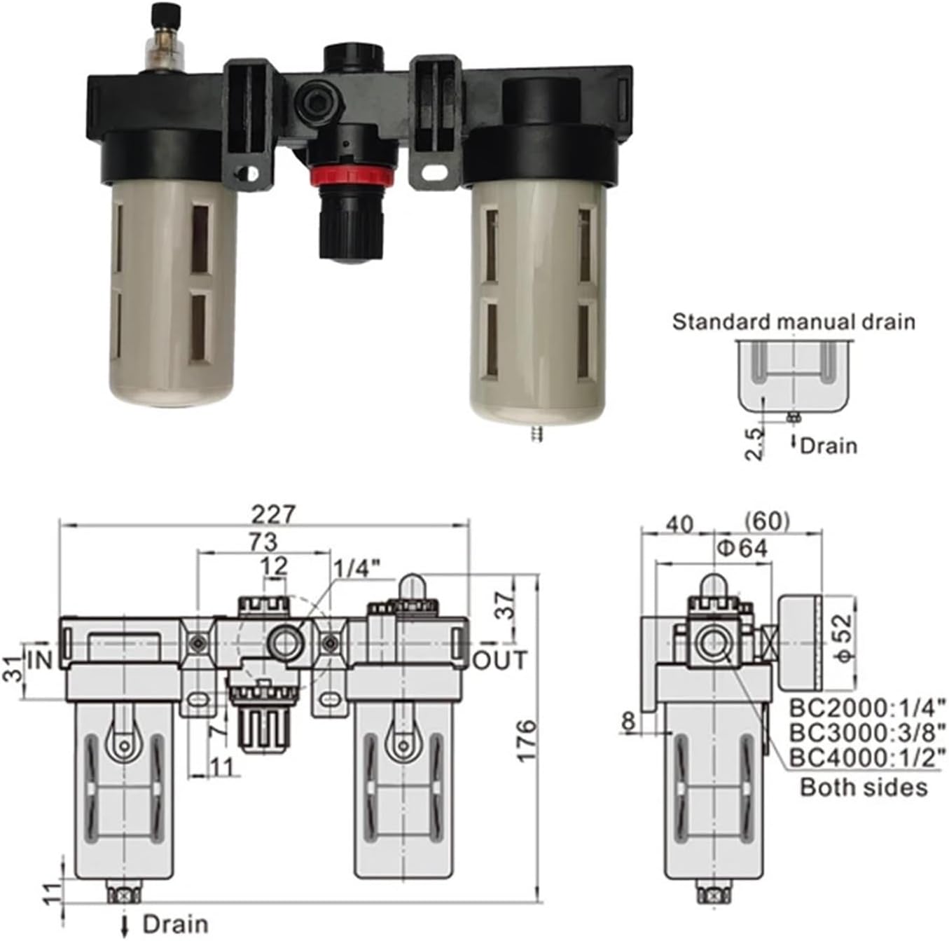 BC2000 Oil Water Separator 1/4 Inch Thread Pressure Regulator Kit(BC2000 EU Fitting)