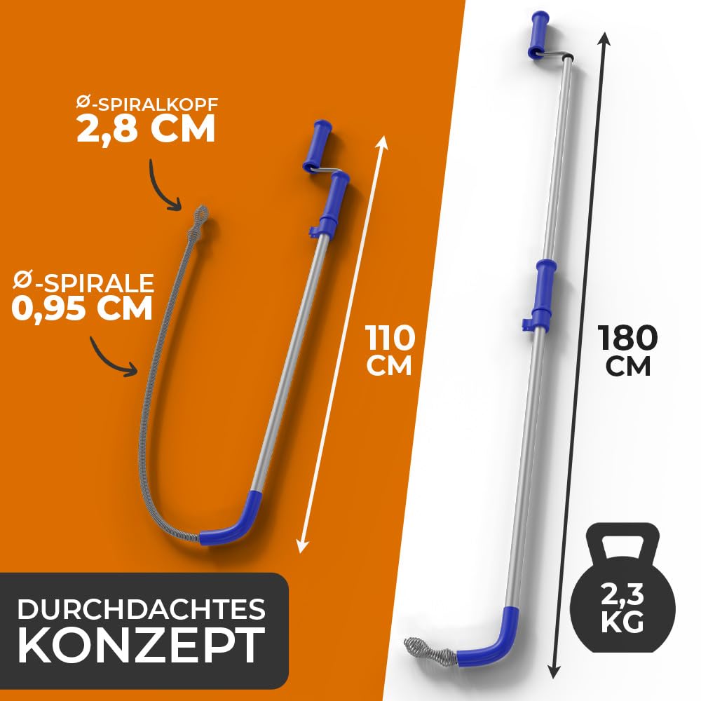 Meisterfaktur Spirala do czyszczenia rur do toalet [1,8 m] – spirala do ciężkich zatorów WC – dzięki silikonowej ochronie bez uszkodzeń – bezpieczne usuwanie zapchania toalet