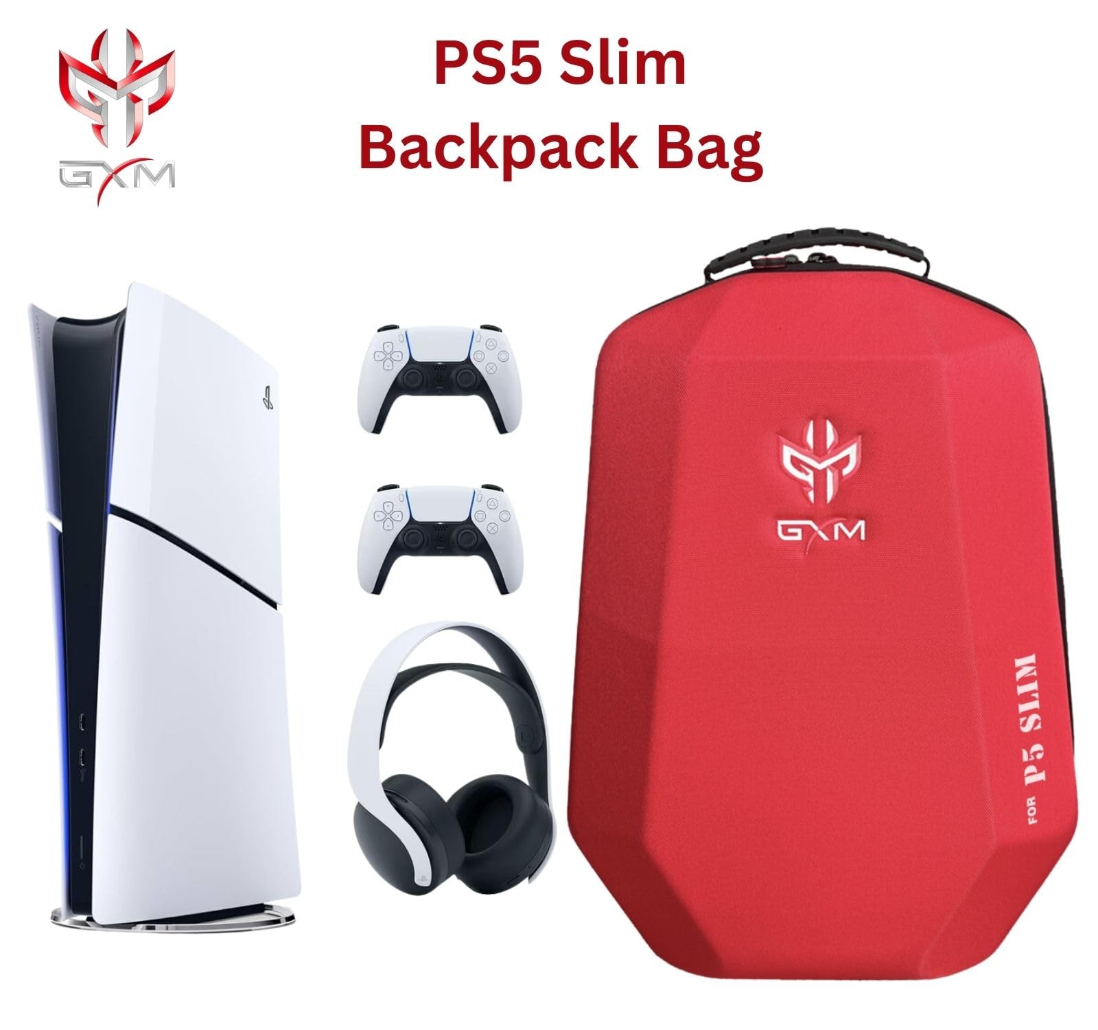 GXM PlayStation 5 Slim Carrying Backpack, Polyester & EPE Material, Canvas Shell, Shockproof, Durable, Dustproof Travel Case for PS5 Slim Console, Controllers, Game Disc, HDMI, and Accessories, Red