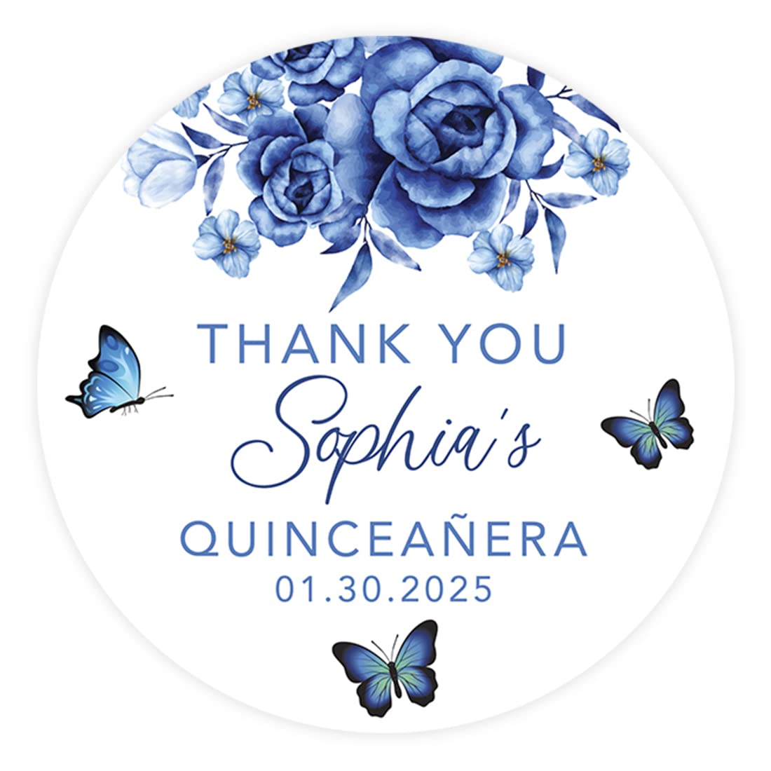 Andaz Press 40-Pack Personalized 2" Round Circle Quinceañera Labels, Blue Butterflies Custom Sticker Labels for Mis Quince Años Favors, Invitations,