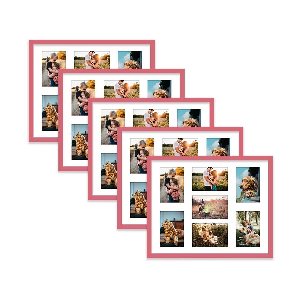 Pink Multi Photo Frame - Holds 7 x 6x4 Pictures, Family Collage Picture Frame for Wall Display, 20x16 Frame size, Set of 5