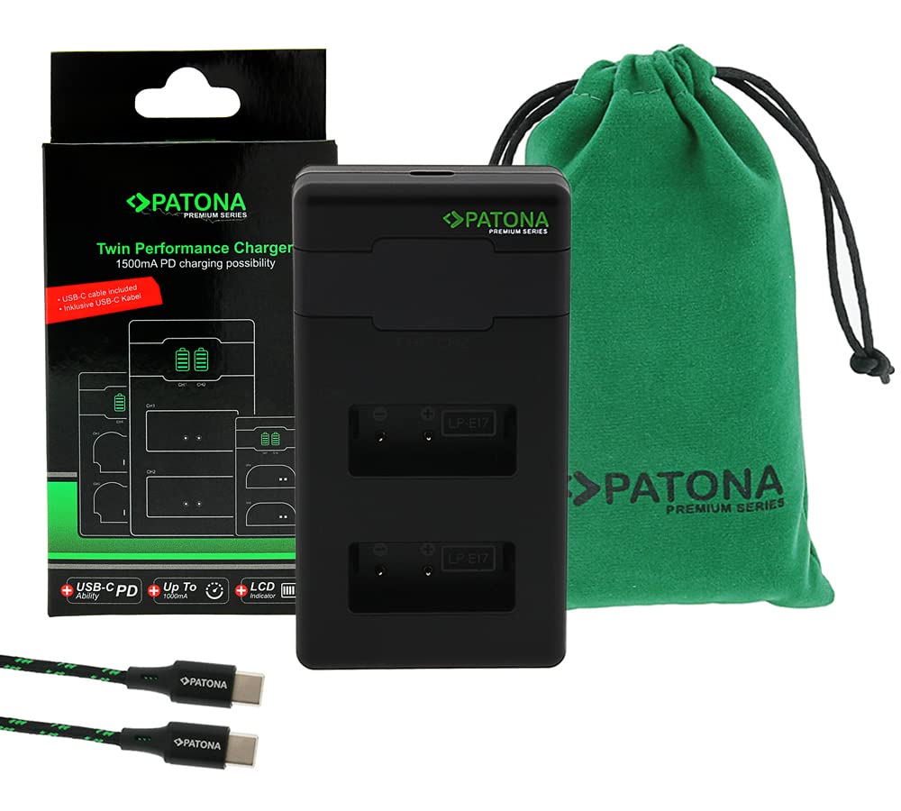 PATONA LP-E17 Premium Caricabatterie PD-Performance (1000mAh), Caricatore Dual LCD USB-C PD/QC capace, ricarica rapida con alimentatore 20W compatibile con Canon EOS RP R8 R10 R50 M3 M5 M6 Rebel SL3