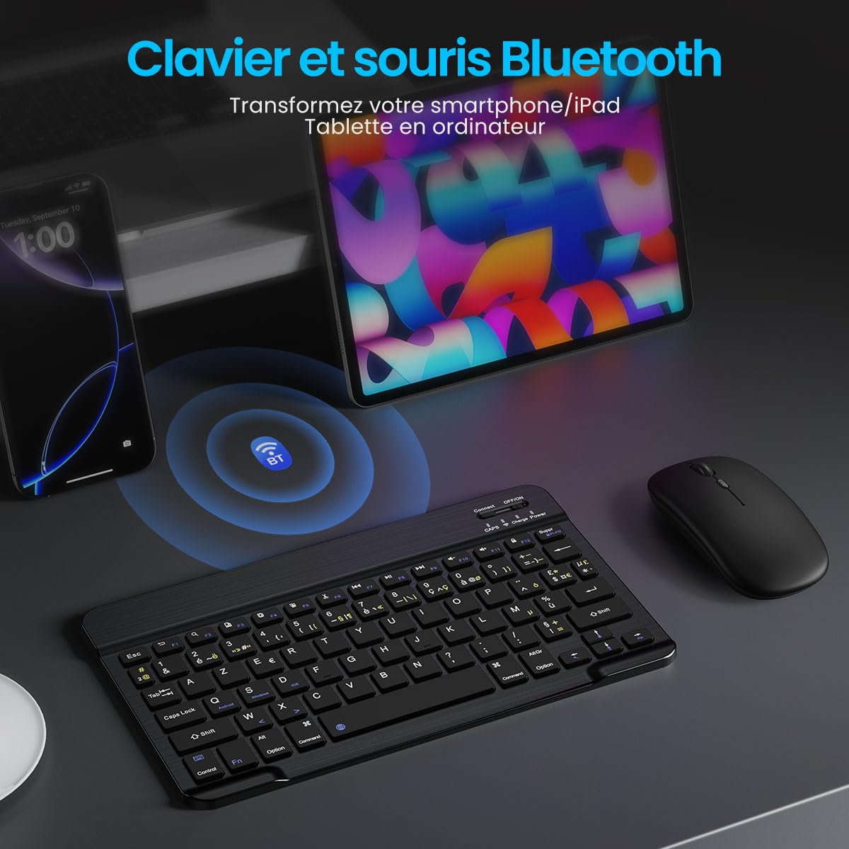 PINKCAT Clavier et Souris sans Fil Bluetooth, Clavier Ergonomique ultrafin avec Batterie Rechargeable Intégrée pour iOS, Mac, iPad, Windows et Systèmes d'exploitation Android 3.0, AZERTY Français