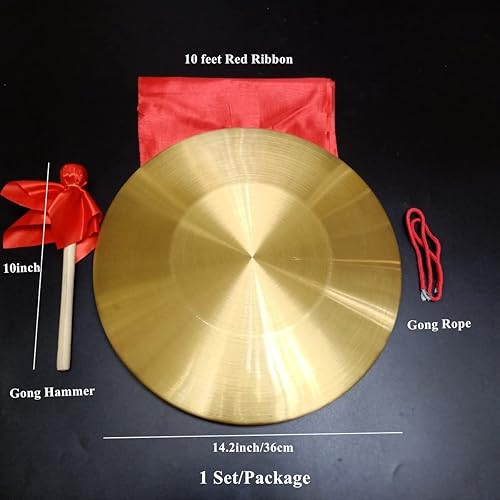 Miniatura 7 de RUIMIMI Gong Instrumento con 14.2 pulgadas (14.2 in), instrumento de percusión tradicional chino Gong de latón con mazo de madera y cinta roja para
