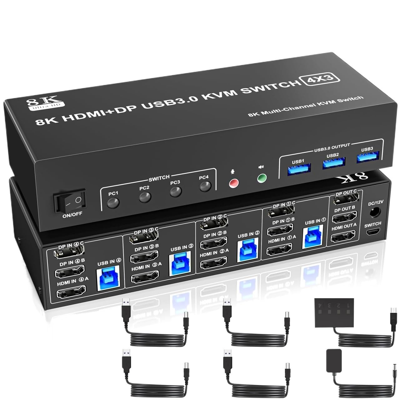 8K USB3.0 KVM Switch 3 Monitors 4 Computers, 2 DisplayPort +1 HDMI Triple Monitor for 4PC with Audio and 3 USB 3.0(EU Power Adapter)-image-25