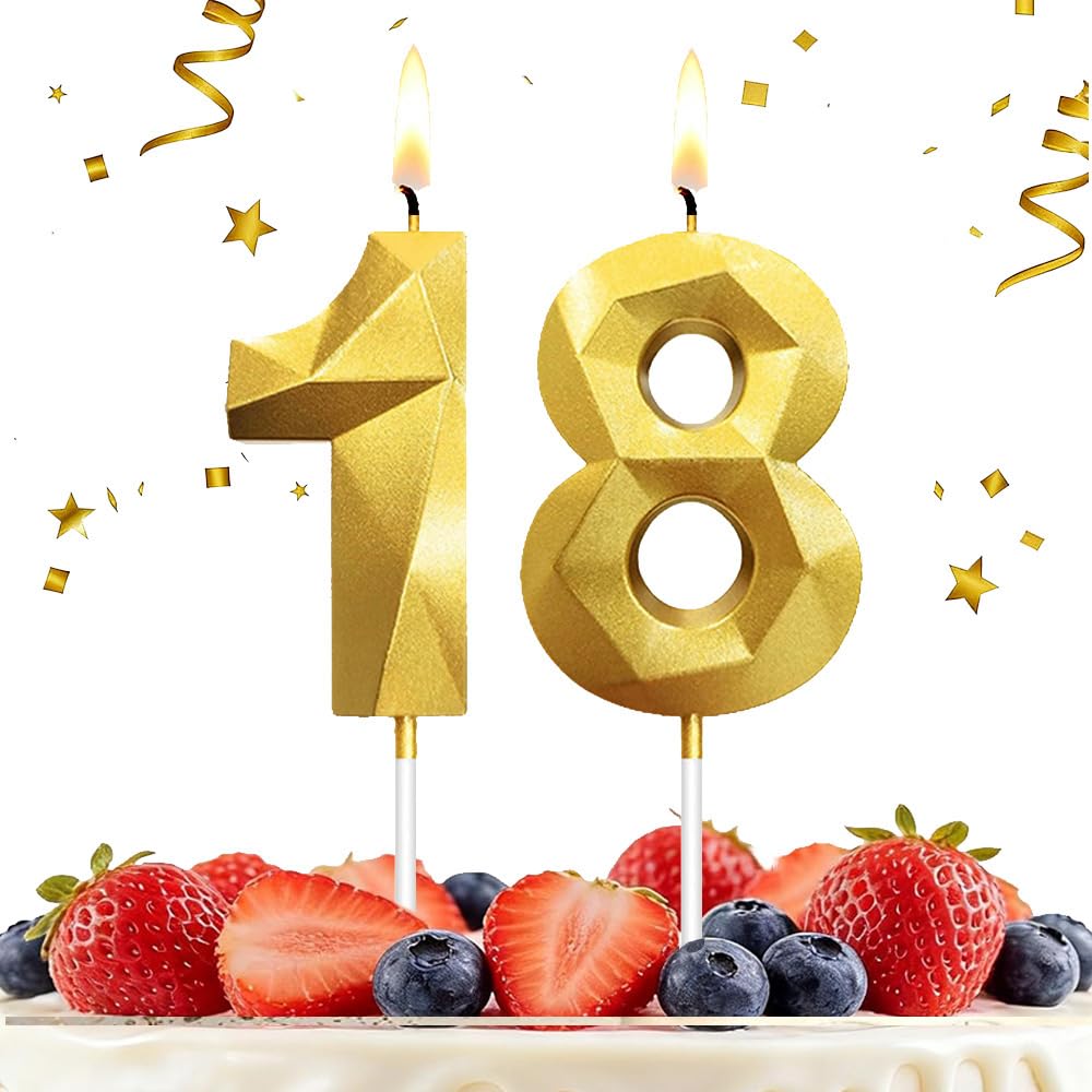 Hlwgfjdy Gold 18Th Birthday Candles Number 18 Cake Topper Happy Birthday Cake Decorations 3D Designed For 18Th Birthday Party, Candles For Birthday Anniversary Celebration Party Supplies