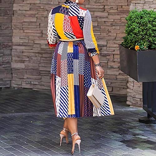 Image of VERWIN Bow Collar Patchwork A-Line Color Block Women's Long Sleeve Dress Midi Dress