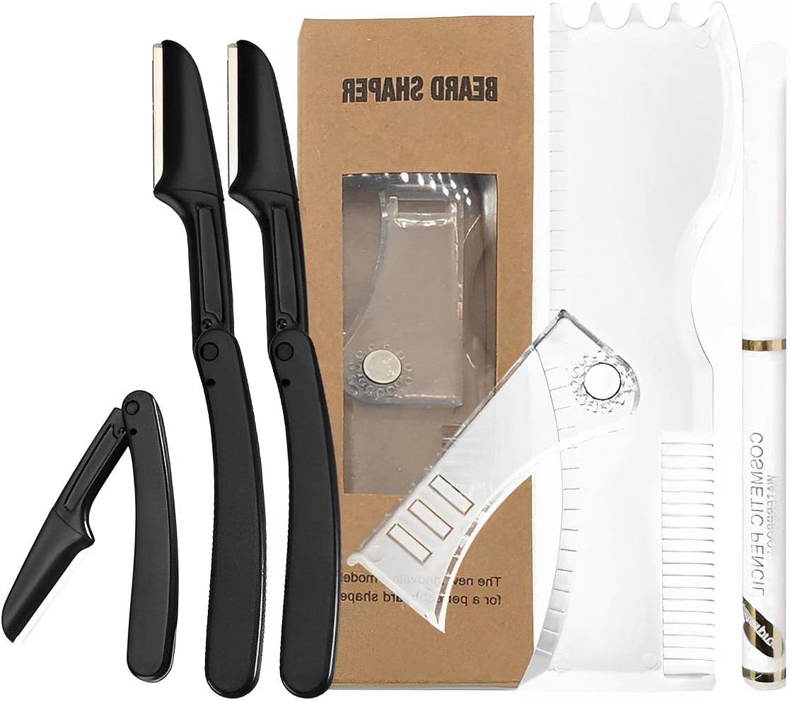 ELEPHANTBOAT® Beard Shaper for Men Beard Styling Tools Kit with Adjustable Beard Shaping Template,3 Foldable Razors and Barber Pencil and Many Styles Hair & Beard Stencil Guide for Perfect Line Up