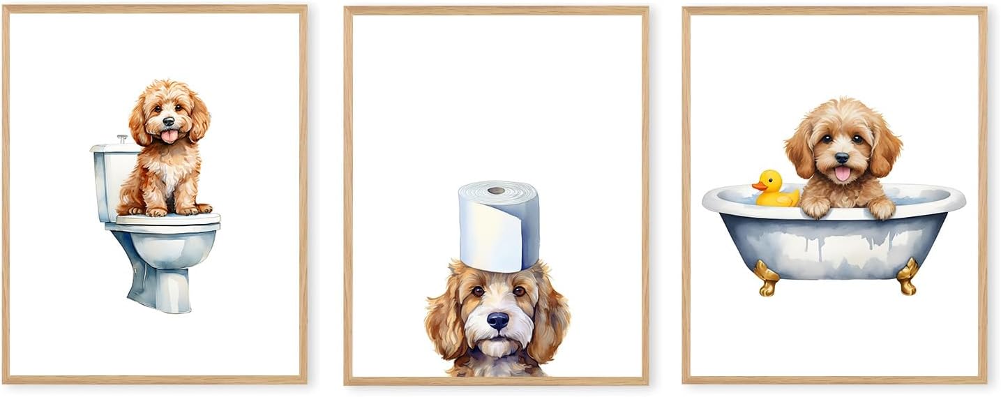 Boat Wades Cavapoo Bathroom Unframed Wall Art Prints,Funny Dog Bathroom Posters & Prints For Kids Bathroom Toilet Home House Living Room Decor, Cavapoo Wall Art Posters 8x10 Set Of 3
