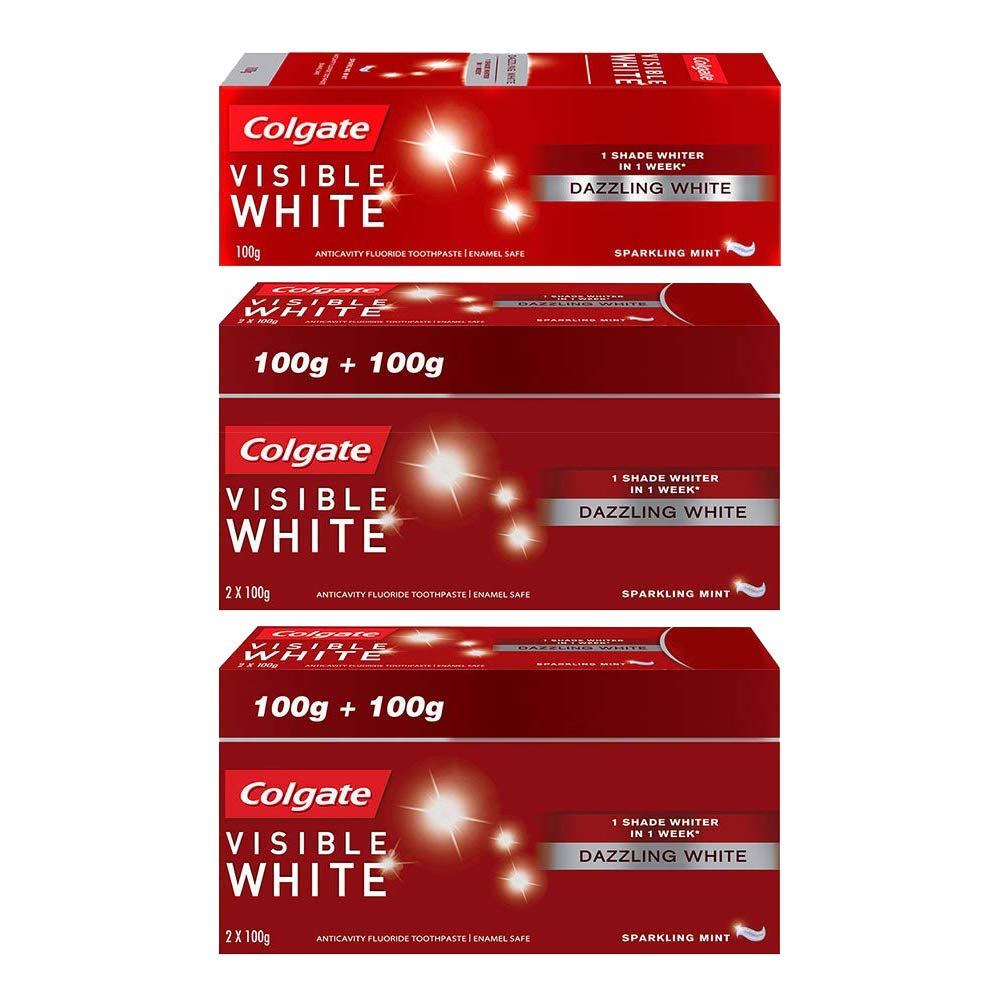 ColgateVisible White Dazzling White Toothpaste, Sparkling Mint - 200gm (Pack of 2) with Colgate Visible White Dazzling White Toothpaste, Sparkling Mint - 100gm