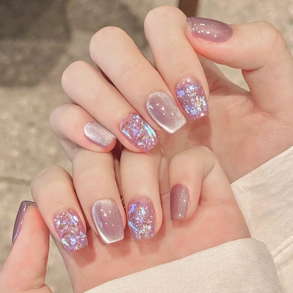 Hrnsnails Nails Press on, Cat's Eye Press On Nails Fake Nails with Gold Glitter Purple Diamond Design, Acrylic Artificial False Nails Press Ons Stick