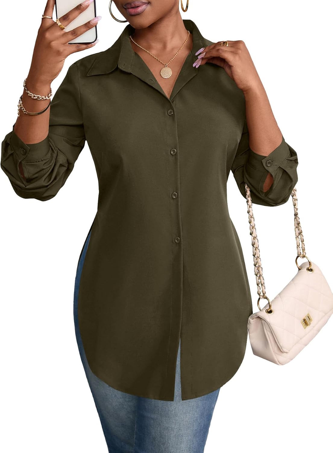 Rooscier Women's Collar V Neck Long Sleeve Slit Side Button Down Long Shirt Blouse Top - Image 2