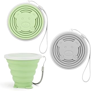 Bekecidi Silicone Collapsible Cup with Lid, 2 Pcs 270ml BPA Free Foldable Travel Mugs, Space Saving Portable Reusable Camping Cups Set for Picnic Outdoor Hiking Sport (Green & Gray)