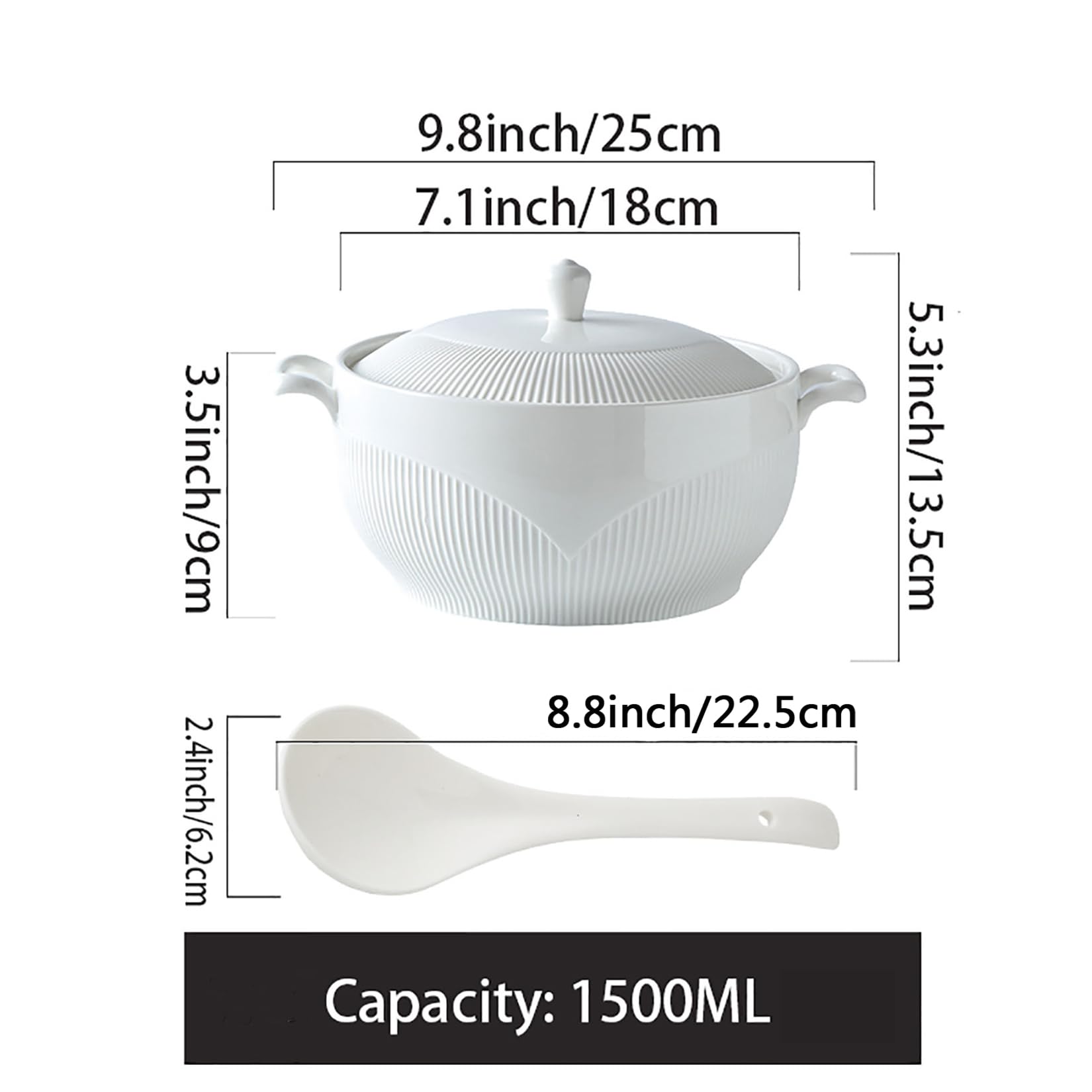 Sopera Blanca con 2 Asas, Sopera de Porcelana con Tapa y Cuchara Cuencos para Servir para Cocina y Microondas,Blanca,S