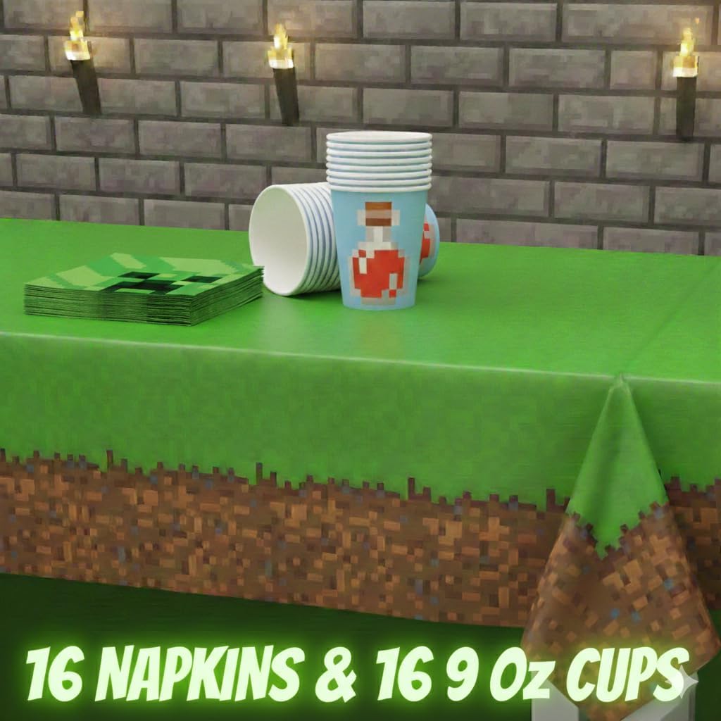 Minecraft Birthday Decorations – Pixel Video Game Birthday Party Set for 16 - Minecraft Party Supplies With Minecraft Plates and Napkins, Pixel Gamer Tableware - Minecraft Birthday Party Decorations