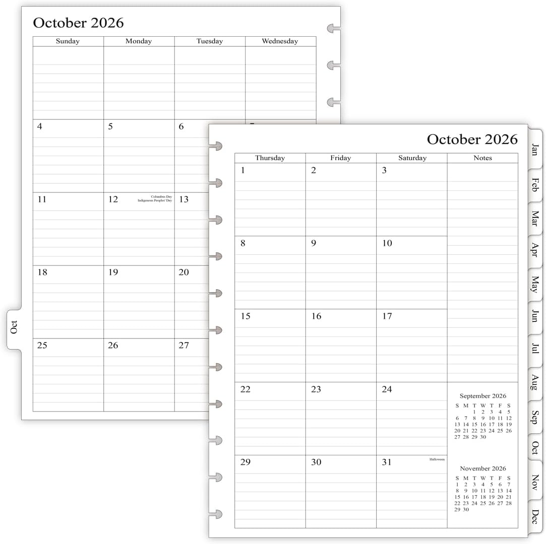 newestor 2026-2027 Monthly Planner Refill for 11-Discbound Notebooks, Oct 2026 to Dec 2027, Two Pages Per Month, Letter Size, 8-1/2" x 11"