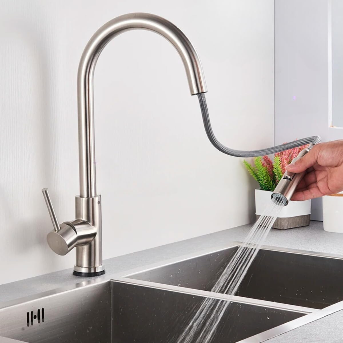Raro, Torneira Inox 304 Gourmet Misturador Monocomando Para Cozinha Com Mangueira Retrátil Extensível Bico Fino Escovado