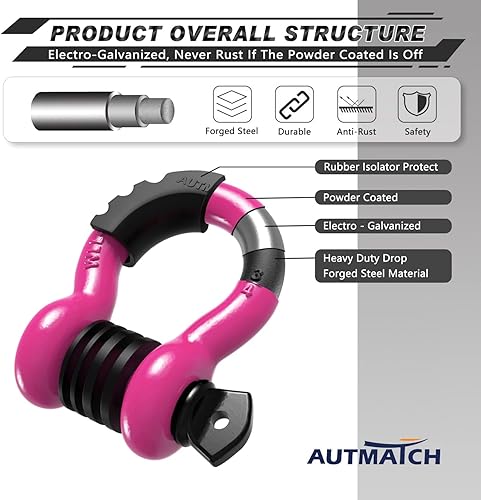 Vista 16 de AUTMATCH- 2 grilletes en D de 3/4 pulg, 41,887 Ib, resistencia a la rotura, tornillo de 7/8 pulg, pasador y grillete, aislante y arandelas, Negro