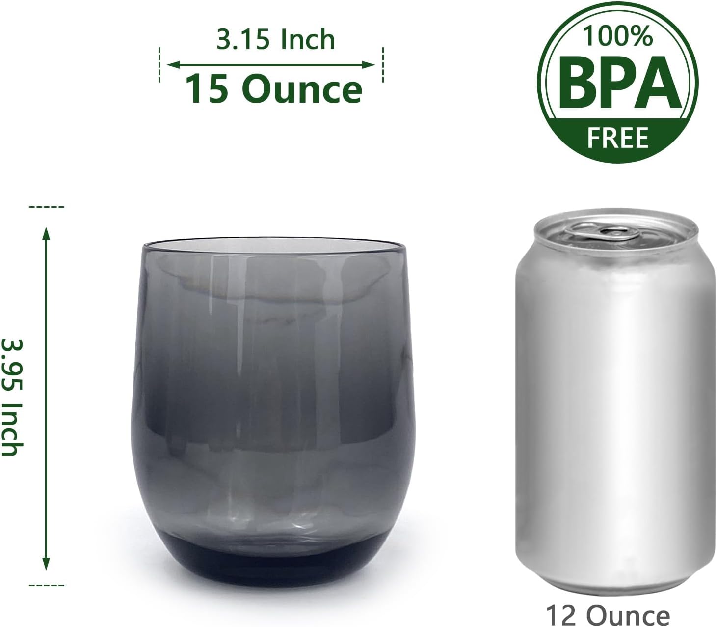 Set of 6 Acrylic Drinkware - 15 Ounce Plastic Wine Glasses, Shatterproof and Stackable, BPA Free, Dishwasher Safe, Reusable Cups for Parties and Poolside Use with (Grey, 15 Onuce)