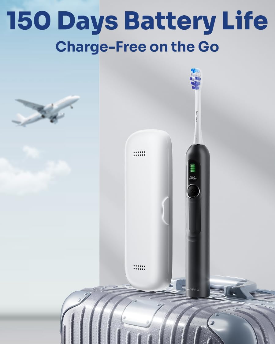 SAKYPRORAL G5S AI Electric Toothbrush with travel case and airplane in background, illustrating portability