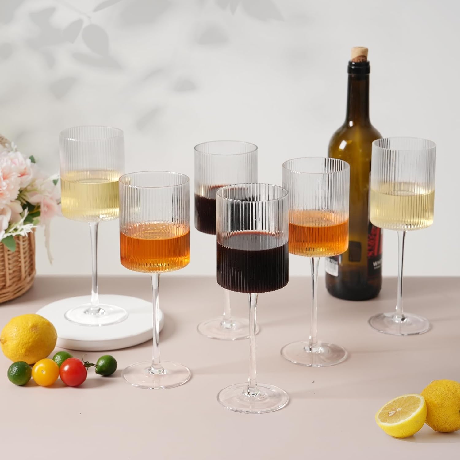 Set di 6 bicchieri da vino a coste, 85 g, per vino rosso e bianco, perfetti per feste e decorazioni per la casa