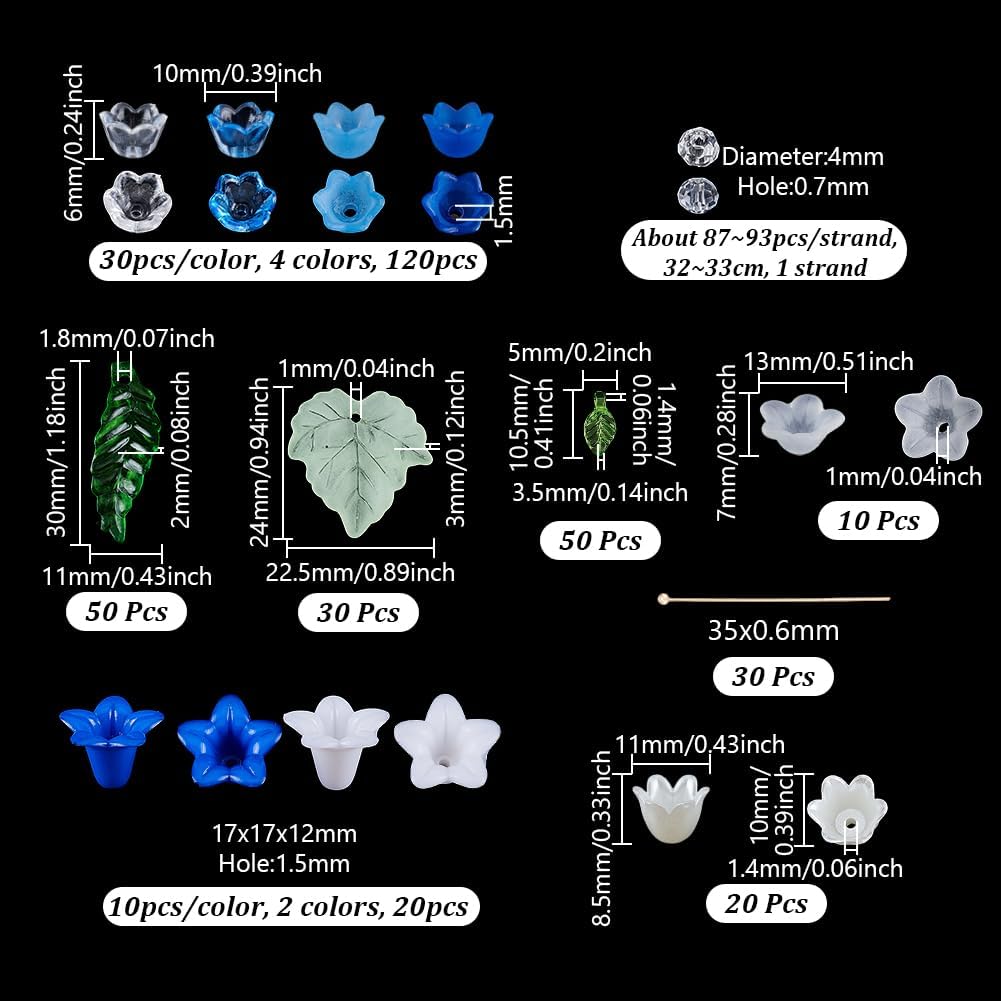 NBEADS 417 Pcs Acrylic Assorted Beads Kit, Tulip Flower Beads Caps Trumpet Flower Leaf Acrylic Pendants Leaf Loose Beads Earring Making Kit with Faceted Glass Beads Brass Ball Pins for Jewelry Making - Image 2