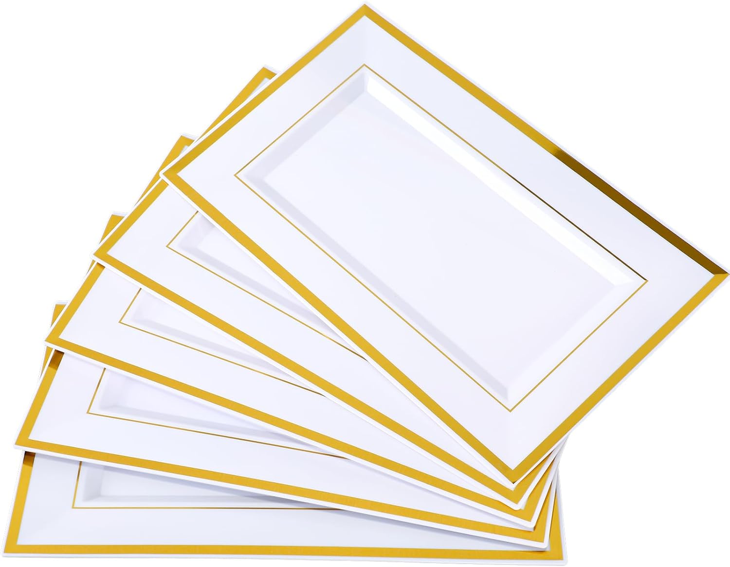 Mwellewm 12 Pcs White Plastic Serving Trays, 14''x9'' Rectangle Dessert Trays for Dessert Table, Party Food Display Set Disposable Platters Cookie Cupcake Gold Serving Tray for Birthday Party Wedding
