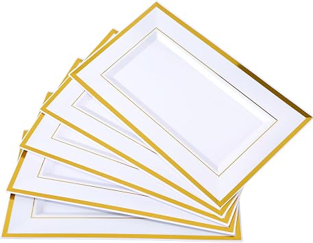 Mwellewm 12 Pcs White Plastic Serving Trays with Gold Rim, 14x9 Rectangle Dessert Trays for Dessert Table, Disposable Platters Cookie Cupcake Gold Serving Tray for Birthday Party Wedding