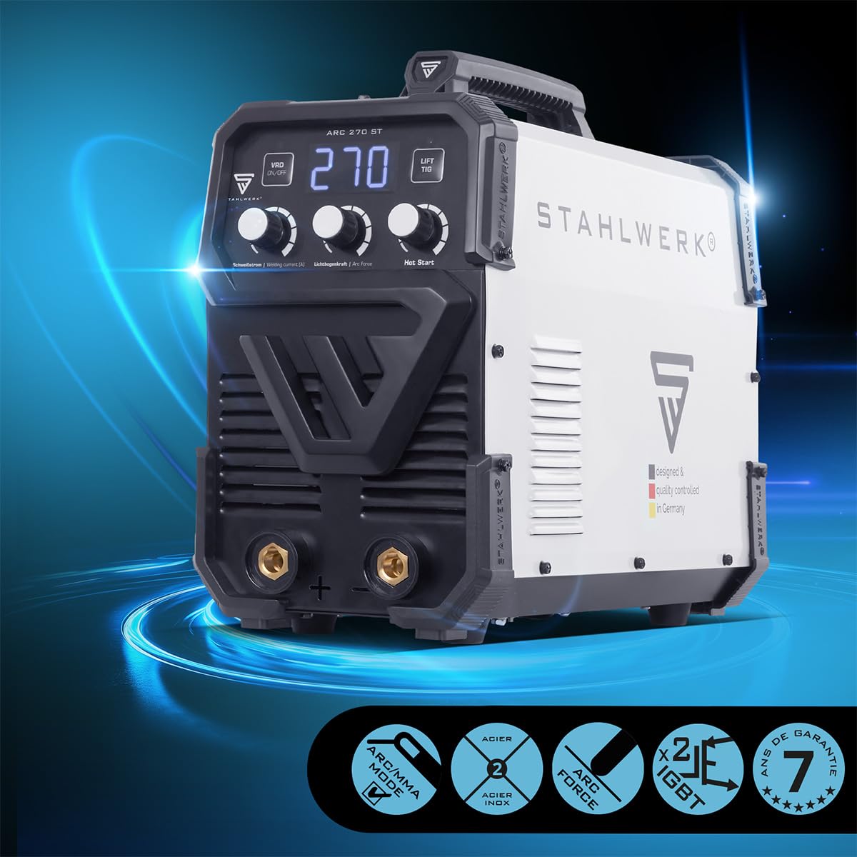 STAHLWERK Poste à souder à l'électrode ARC-270 ST – MMA jusqu'à 270 A, soudage sans gaz, Inverter Lift-TIG 400 V, protection surchauffe, Smart Cooling & contrôle de température intelligent (Blanc 1)