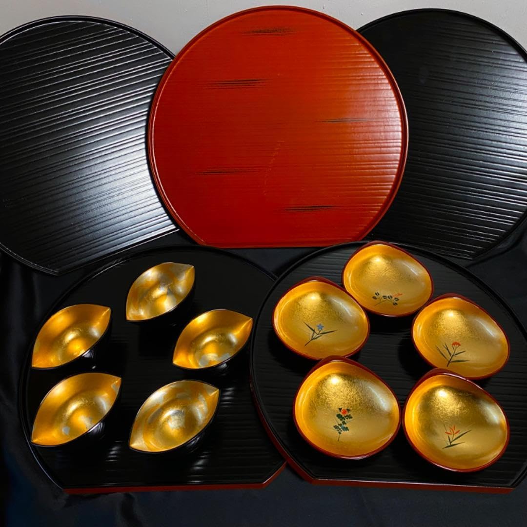 珍味入れ&半月膳５客 セット 金箔 山中塗 手描蒔絵 小皿 金彩 小鉢 正月 珍味入れ&半月膳5客 セット 金箔 山中塗 手描蒔絵 小皿 金彩