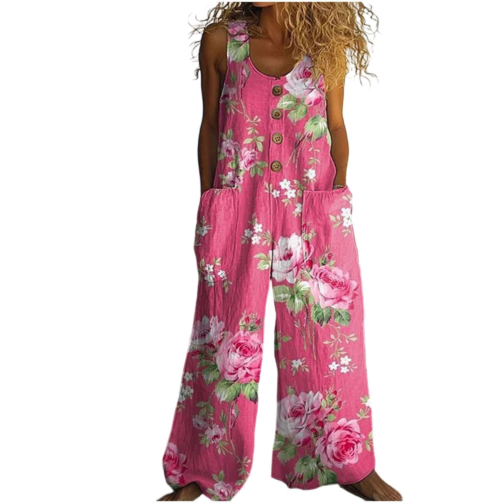 Salopette Donna Estiva, Tuta Intera Elegante Boho Chic Senza Maniche, Tuta Larga Stampa con Tasche Baggy Wide Leg, Tute Cotone Casual Comode per Mare Vacanza e Tempo Libero
