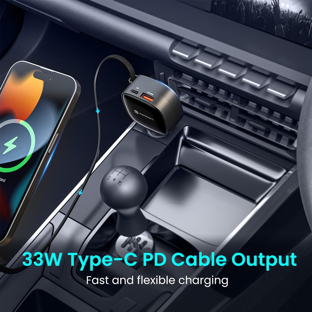 Portronics Car Power Retracto 84W 3 in 1 Car Charger, 80 cm Retractable Cable (33W Type-C PD), Dual Port (18W USB Type-A & 33W Type-C) for Laptop, Android, iPhone, Earbuds and More (Black) 2
