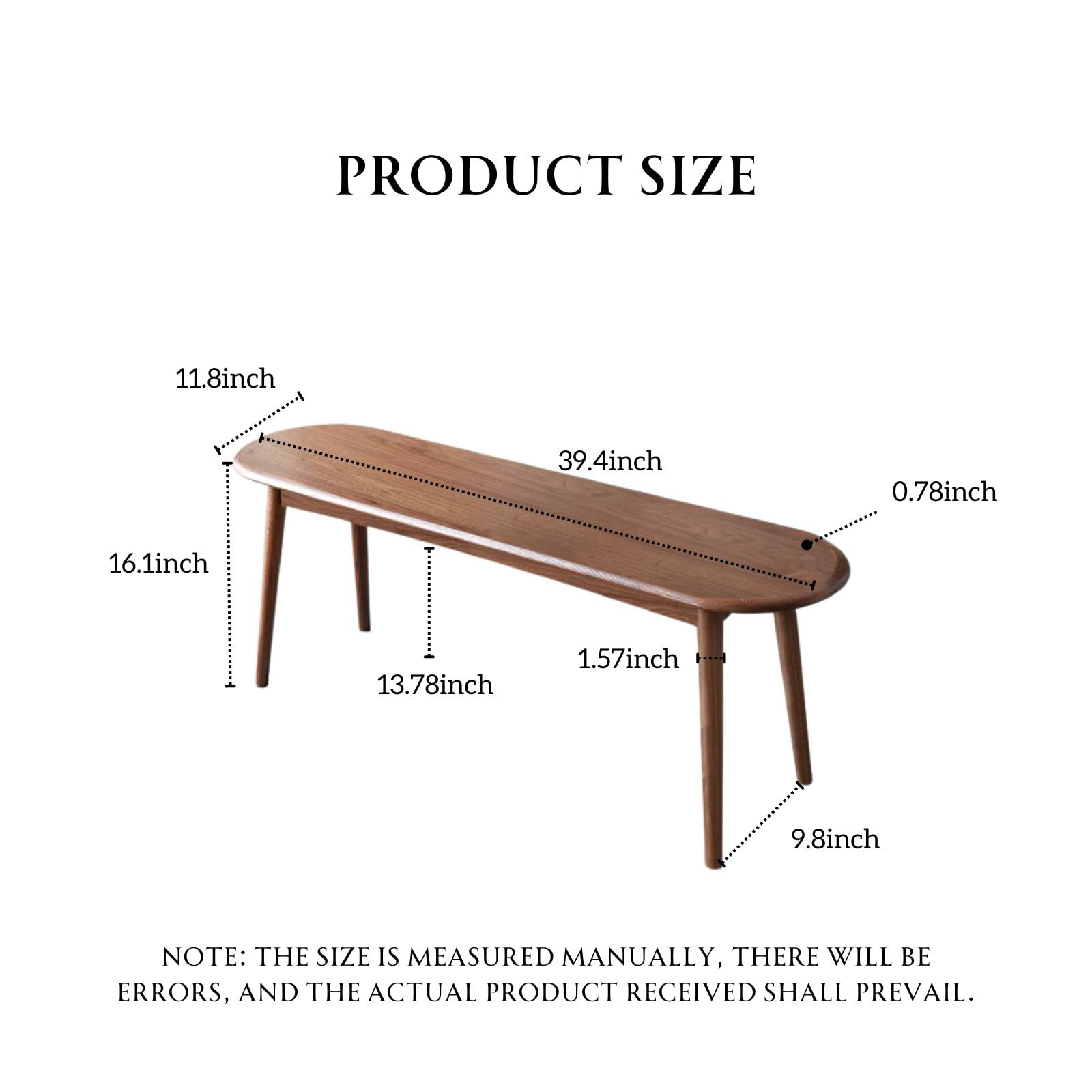 100% Solid Oak Indoor Dining Bench, Wood Bench for End of Bed with Safety Rounded Corners, Entryway Benches for Farmhouse, Kitchen, Living Room(Walnut,12" L x 39.5" W x 16.2" H)