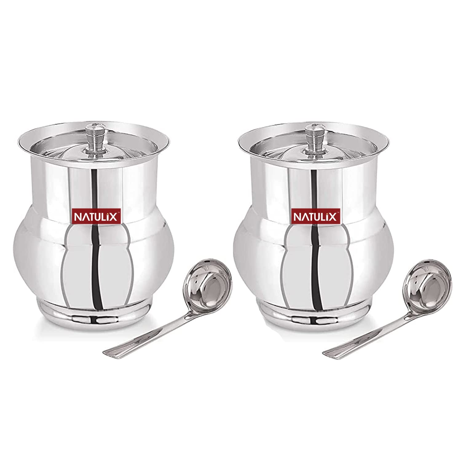 NATULIXStainless Steel Ghee Pot | Oil Pot | Ghee Pot with Spoon and Lid | 400ml | Silver | Pack of 2 (400ml 2) (Echo)