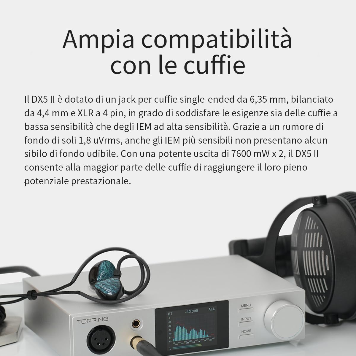 Topping DX5 II Amplificatore DAC Bilanciato 7600 mW ES9039Q2M DSD512 768 kHz USB Ottico Coassiale RCA XLR 6,35 mm 4,4 mm Argento