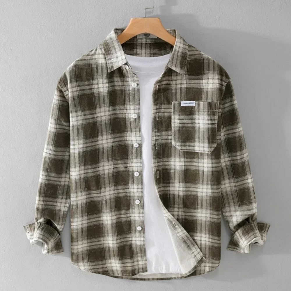 Mens Shirt Cotton Long Sleeve Casual Loose Tops Spring Autumn Men's Plaid Men Shits