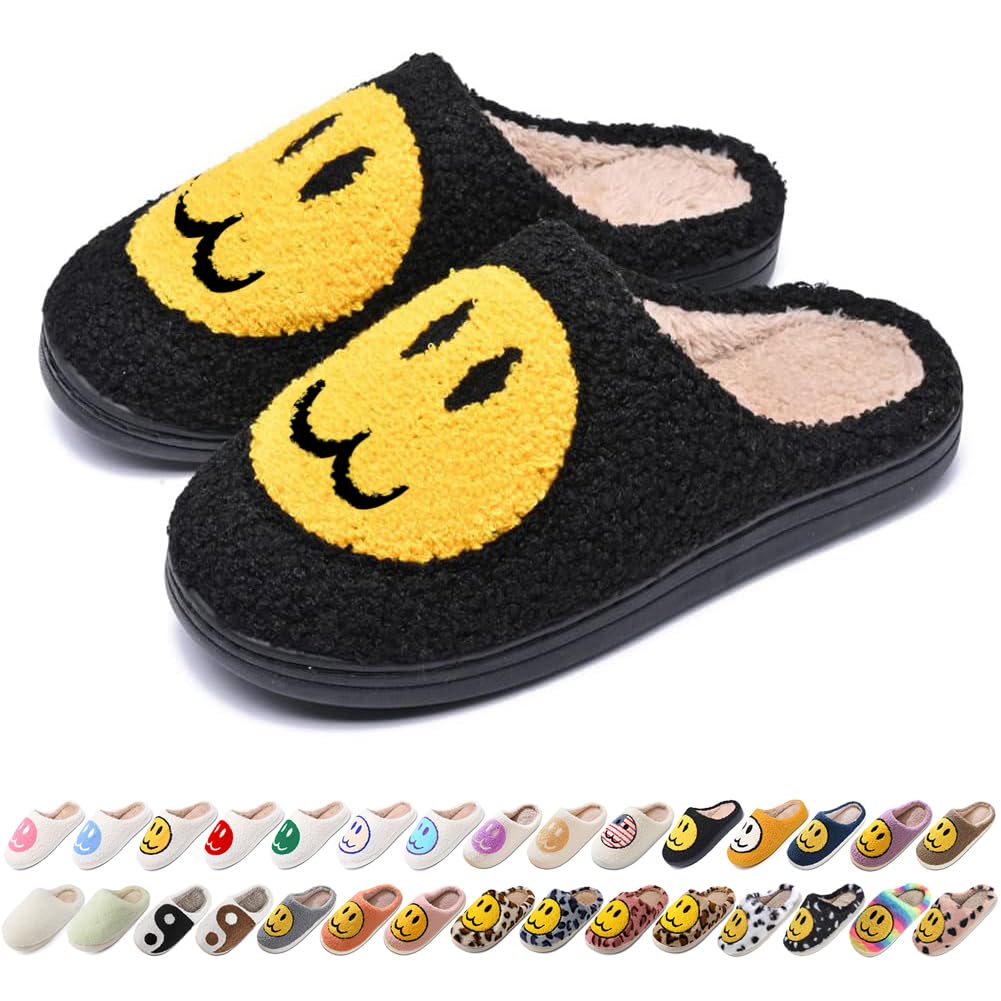 Women's Men's Retro Preppy Happy Face Slippers Comfy Warm Plush Slip-On House Slipper for Winter Indoor Soft Cushion Non-slip Fluffy Slides Slippers