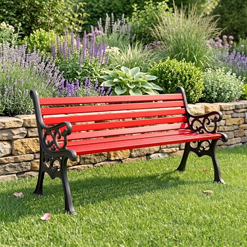 Image of BRISHI 3 Seater cast Iron Garden Bench for Indoor & Outdoor Park /Patio /Living Room /Terrace /Balcony (White) (Black + Red)