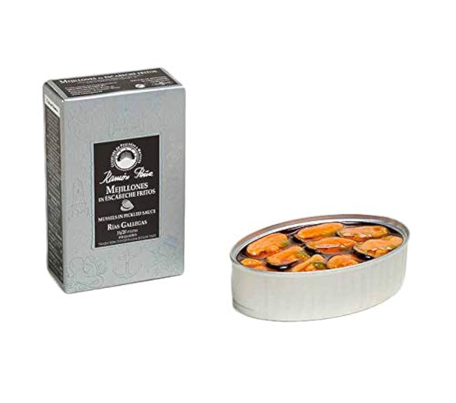 Ramon Pena Canned Mussels in Pickled Sauce | 16/20 Mussels Per Tin | Ramon Pena Silver Line Tin | 1 x 110g Can (Pack of 2)