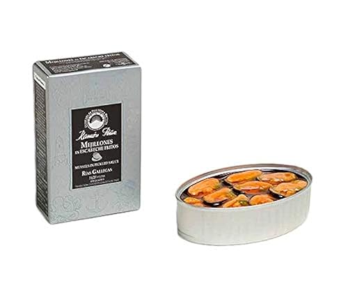Ramon Pena Mejillones enlatados en salsa en escabeche | 16/20 mejillones por lata | Lata Ramon Pena Silver Line | 1 lata de 3.88 oz