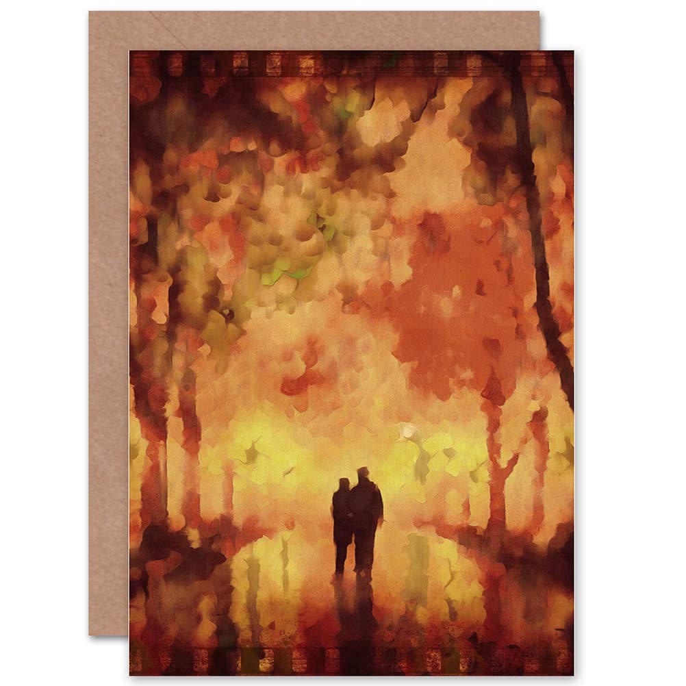 Artery8 Greeting Card - Couple Walking Avenue Trees - Orange