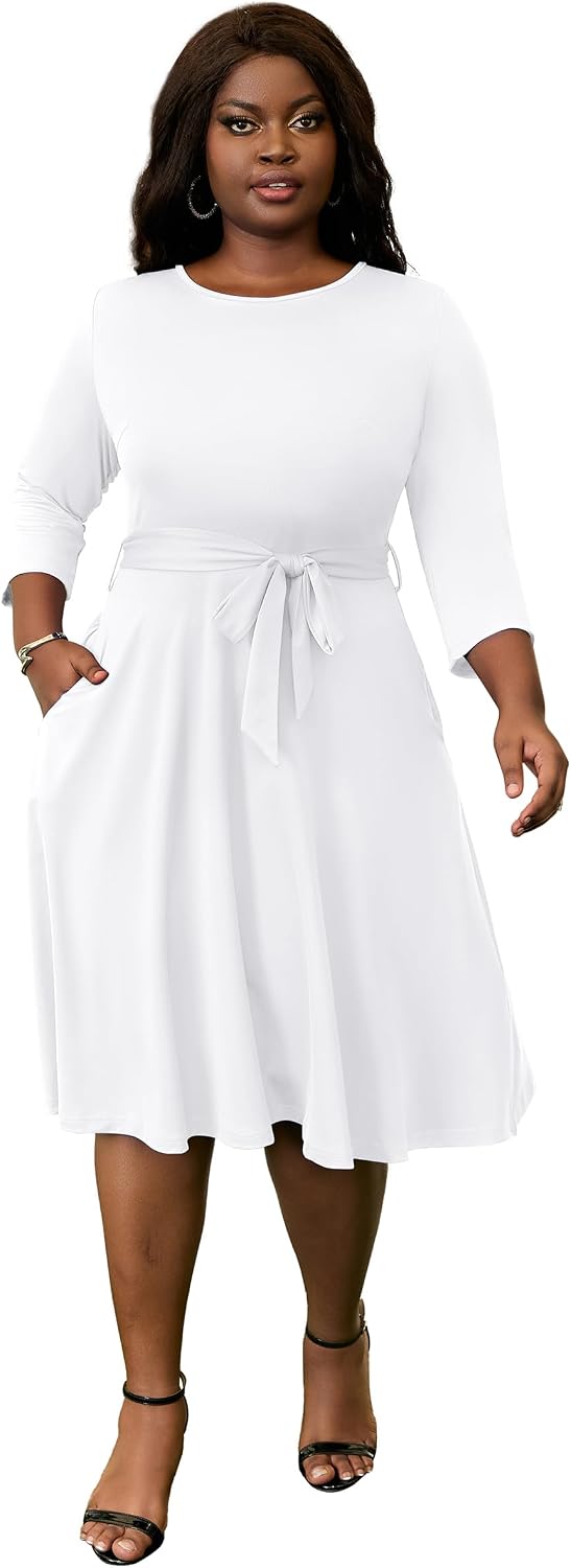 FANDEE Plus Size Midi Dress for Women - Printing Summer Dresses Casual 3/4 Sleeves Round Neck, Pockets and Belt（XL-5XL）