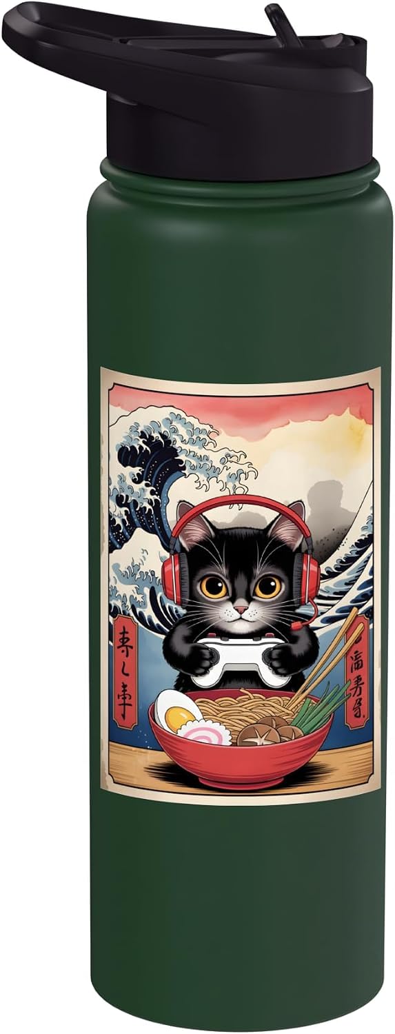 Kawaii Gamer Cat Ramen Retro Japanese Anime Aesthetic Stainless Steel Insulated Water Bottle