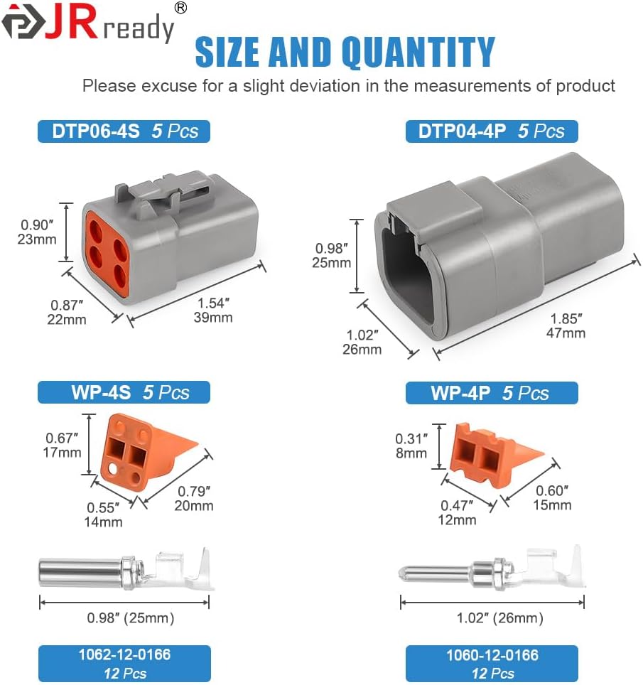 JRready 68PCS ST6277 4 Pin Deutsch DTP Connector, 4 Wire IP67 Waterproof Automotive Electrical Connectors, 4 Pin Connector DTP04-4P/DTP06-4S with Stamped Contacts 14-12AWG, 25A