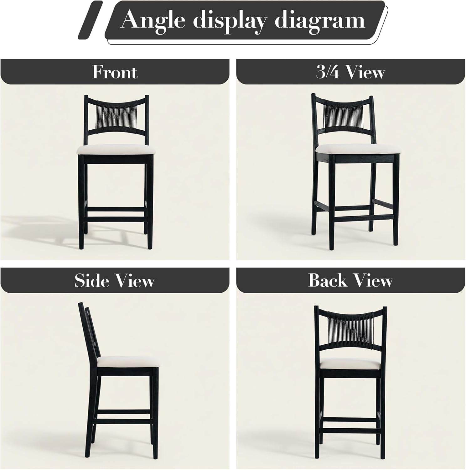 CIMOTA Farmhouse Counter Height Bar Stools with Woven Backs Set of 2, 25 Inch Kitchen Island Bar Chairs, Modern Boho Style, Upholstered Barstools Fits 35-40’’ Counters, Black Wood Legs, Chenille Beige