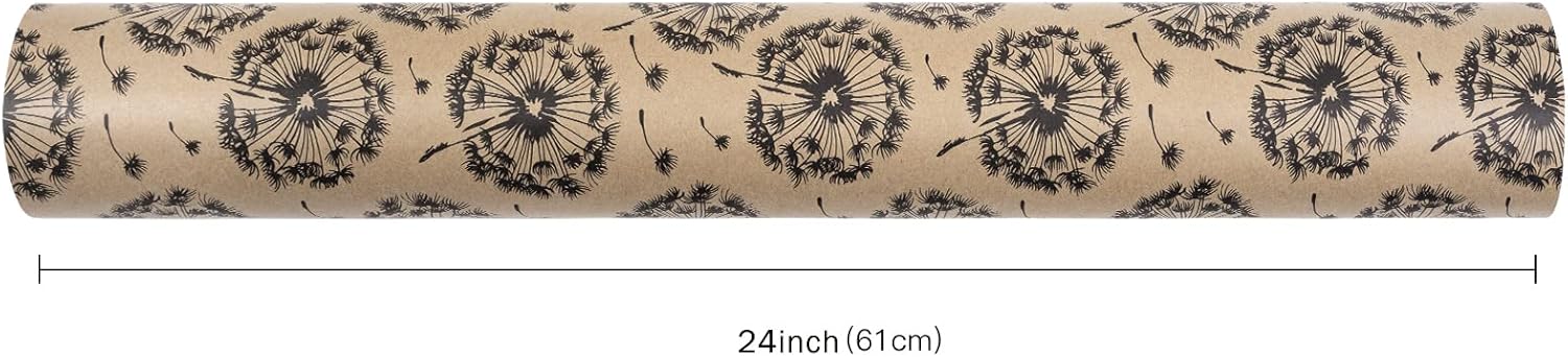 RUSPEPA Kraft Wrapping Paper Roll - Dandelion Pattern - 24 Inches x 100 Feet