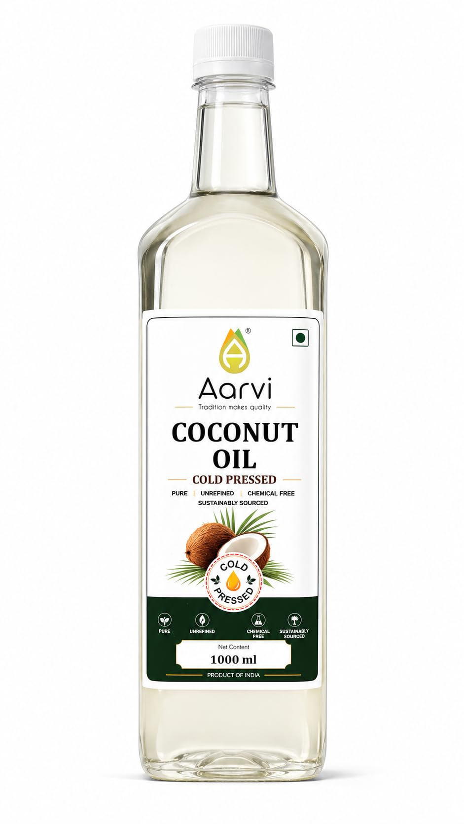 AARVI Cold Pressed Coconut Oil 1 Litre | 100% Pure & Unrefined | Cold Pressed | Edible Cooking Oil | Chemical Free | Natural Coconut Oil for Cooking & Baking (1000 ML PET BOTTLE)