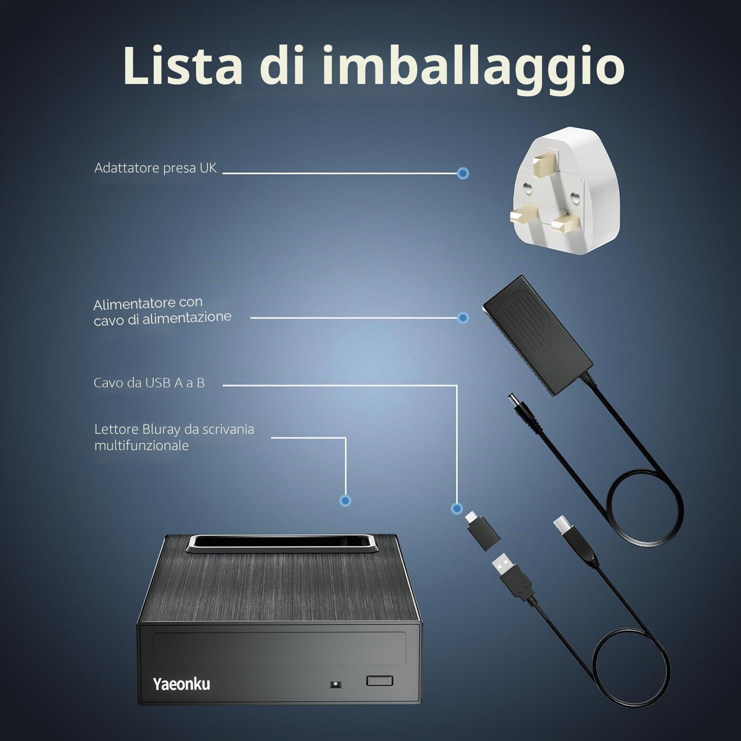 Yaeonku Unità esterna Blu-Ray 4 in 1, 16 unità esterna USB 3.0 e tipo C, caricatore rapido multifunzione, masterizzatore BD/CD/DVD / lettura con alloggiamento HDD