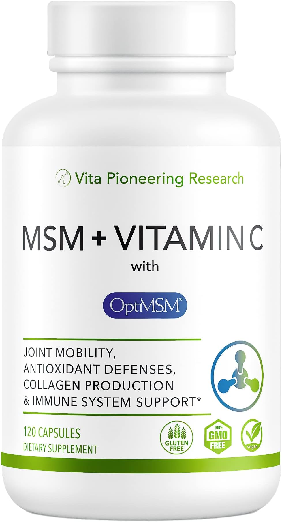 MSM Supplement 1000mg + Vitamin C for Joint and Mobility Support + Collagen Production 120 Capsules or 2 Month Supply - Made in USA with OptiMSM - Vegan, Gluten-Free, Non-GMO
