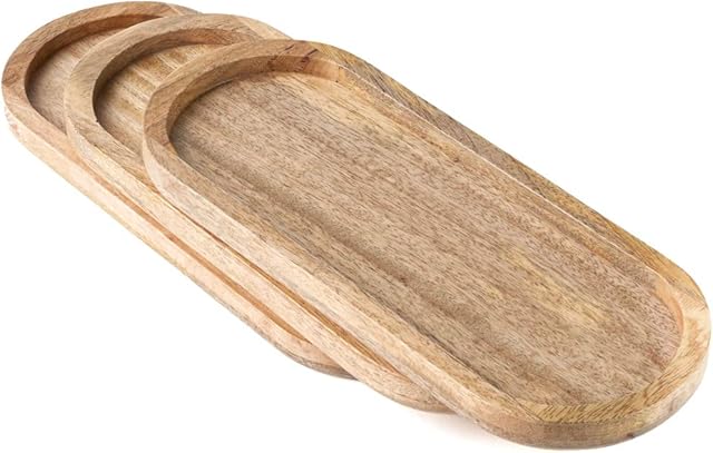 Hazelton Oaks Wooden Serving Trays Set of 3, Mango Wood Platters, Food Grade Oval platters, Food Presentation Boards, Snack Boards, for Display Fruits, Sushi, Snacks, Housewarming